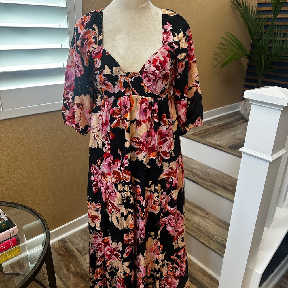 Anthropologie Pink and Orange Ruched Sundress with Flutter Sleeves
